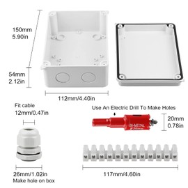 CPROSP 2 Junction Box Waterproof IP44 Wet Room Box Surface-Mounted Junction Box 150 x 110 x 70 mm for Diameter 6-12 mm with 10x Cable Glands with Hole Saw 20 mm