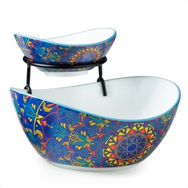 YHOSSEUN Chip and Dip Serving Set, Ceramic Chip Dip Bowls for Parties, 2 Tier Serving Stand Appetizer Serving Food Display