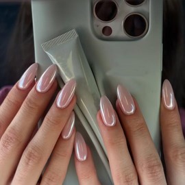 Press on Nails Almond Medium White Pink Fake Nails with Designs Summer Nails Press Ons Glitter Nail Tips Elegant False Nails Medium Acrylic Artificial Glue Stick on Nails for Women DIY Manicure 24PCS