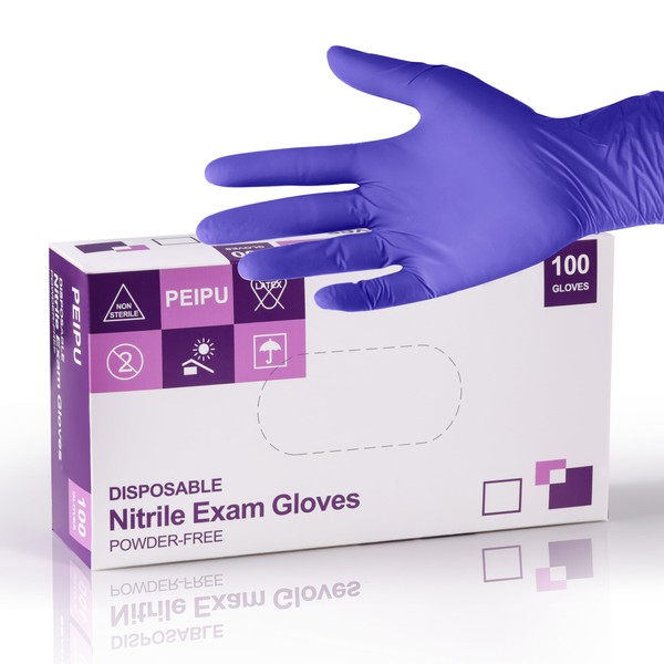 PEIPU Nitrile Gloves,Disposable Cleaning Gloves,(Medium, 100-Count) Powder Free, Latex Free,Rubber Free,Ultra-Strong,Food Handling Use, Single Use Non-Sterile Protective Gloves