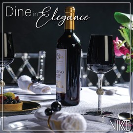 Vikko Décor Black and Silver Wine Glasses: 11 Oz Wine Tasting Glass – Decorative Wine Glass with Diamante Accented Stem – Fancy Stemmed Wine Glasses Set of 12 – 9.2” x 2.4” Stemware