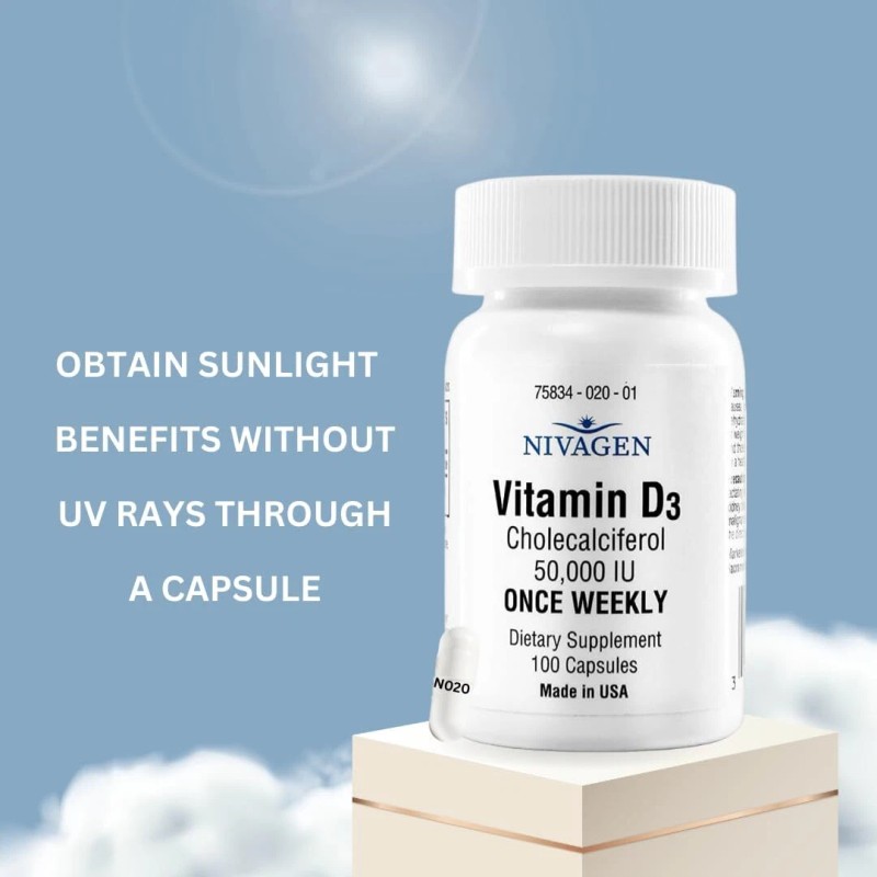 Nivagen Vitamin D3 50000 IU 100 Capsules Weekly Dose Halal