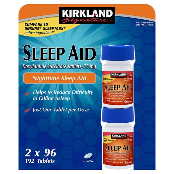 Cos7 Kirkland Signature Doxylamine Succinate Tablets,25mg Nighttime Sleep AID - 2 X 96 Tablets (192 Tablets Total)