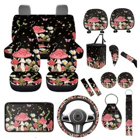WUYOJUXA Hippie Mushroom Car Seat Covers Full Set for Women Auto Interior Seat Accessories 17 Pcs Mushroom Print Steering Wheel Cup Holders Armrest Pads Seat Belt Cover Hanging Vehicle Trash Bin