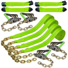 VULCAN 8-Point Vehicle Tie Down Kit with Chain Tails On Both Ends, Set of 4 - Reflective High-Viz