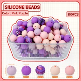 SALUOKE 100 Pcs 15mm Silicone Beads for Keychain Making, Pink Gream Silicone Beads Bulk Round Beads for Bracelets Pens Crafts Jewelry Making (Pink Purple)