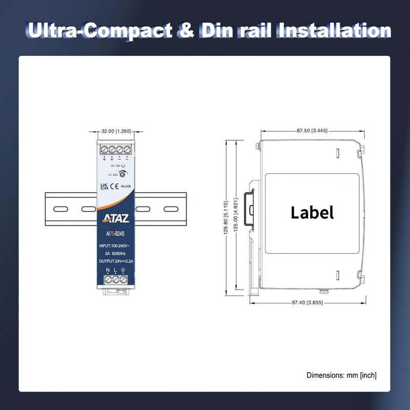 75W Din Rail Power Supply, 3.2A 24V Output, AC/DC Power