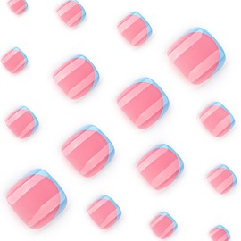 Blue French Press on Toenails Short WLGDLH Summer Fake Toe Nails with Glossy Design Acrylic Toe Nail Press ons Full Cover Nude Press on Toe Nails for Women Cute Toe Nail Tips 24Pcs