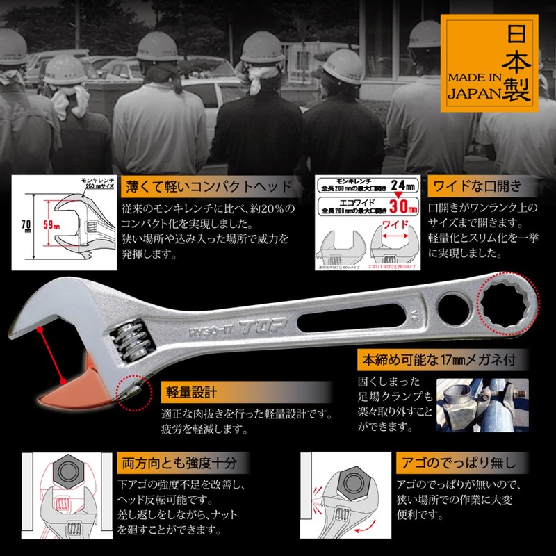 TOP HY-30-17 Eco Wide Adjustable Wrench, With 0.7 inches (17