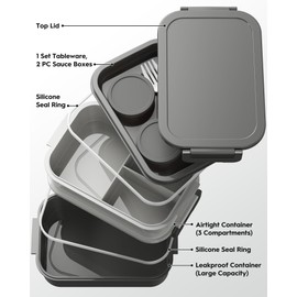 Adults Bento Box with Insulated Lunch Bag, 74oz Capacity 3 Stackable Leak-Proof Bento Box Built-In Utensil and Sauce, PFAS & BPA-Free, Microwave & Dishwasher Safe (Dusk Gray)