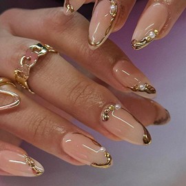 24Pcs Chrome Gold Press on Nails Medium Almond Fake Nails French Tip Full Cover Glue on Nails with Pearls Rhinestones Design False Nails Glossy Reusable Acrylic Nails for Women Girls DIY Decoration