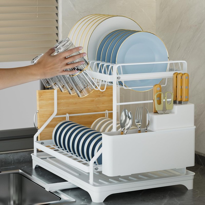 2-Tier Dish Drying Rack, White Metal Large, Space Saving Countertop