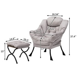HollyHOME Fabric Lazy Chair with Foldable Ottoman, Accent Comfy Lounge Arm Chair and Folding Footrest Stool Set, Leisure Sofa Reading Chair and Footstool for Living Room, Bedroom, Dorm, Grey