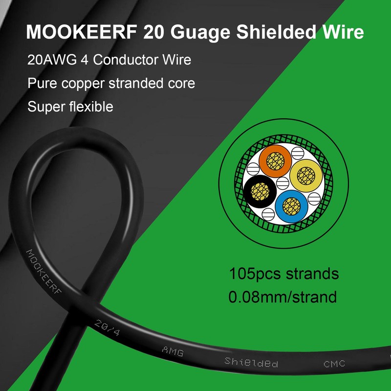MOOKEERF 20/4 Shielded Wire 50FT,20AWG 4 Conductor Shielded Cable Stranded