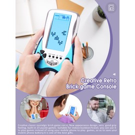 HLF - Consola de juegos de ladrillo de bloque retro, visualización grande, brillo de retroiluminación azul, se puede ajustar en 23 juegos compatibles con batería de litio/pilas AAA se pueden conectar auriculares (azul)