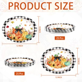 50Pcs Fall Oval Paper Plates 10" x 12"Large Disposable Heavy Duty Black and White Buffalo Checked Plaid Autumn Orange Pumpkin Dessert Platters for Thanksgiving Harvest Dinner Kitchen Party Supplies
