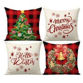 FUYUCHEN Merry Christmas Wreath Pillow Covers 18x18 Inch Hello Winter Tree Gingerbread Man Bells Buffalo Plaid Throw Pillow Cases for Holiday Farmhouse Decorations Sofa Couch Set of 4