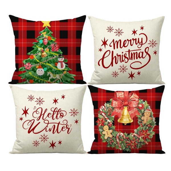 FUYUCHEN Merry Christmas Wreath Pillow Covers 18x18 Inch Hello Winter