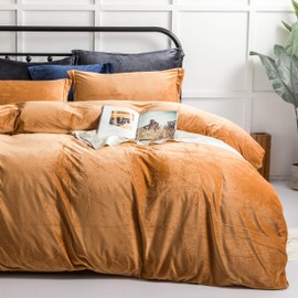 NTBAY Velvet Flannel Queen Duvet Cover Set, 3 Pieces Zippered Comforter Cover Set, Camel
