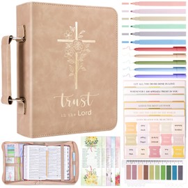 XKDOUS Bible Cover Case for Women, Gold Foiled Leather Bible Bags with Study Supplies, Tabs, Bookmarks, Pens, Large Book Carrying Case with Handle, Christian Gifts for Mom Lady Men
