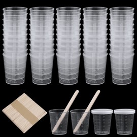Transparent Scale Cups,50pcs 30ml Plastic Graduated Cups with Lids Plastic Mixing Cup Reusable Measuring Cups with 50 Pack Wooden Stirring Sticks for Kitchen Cooking DIY Painting Medication Handmade