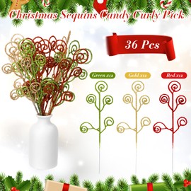Lyrow 36 Pcs 11.8" Christmas Tree Picks Decoration Xmas Sequins Candy Shape Curly Picks Christmas Picks Sprays Glitter Christmas Floral Pick for Home Vase Filler Garland (Green, Champagne Gold, Red)