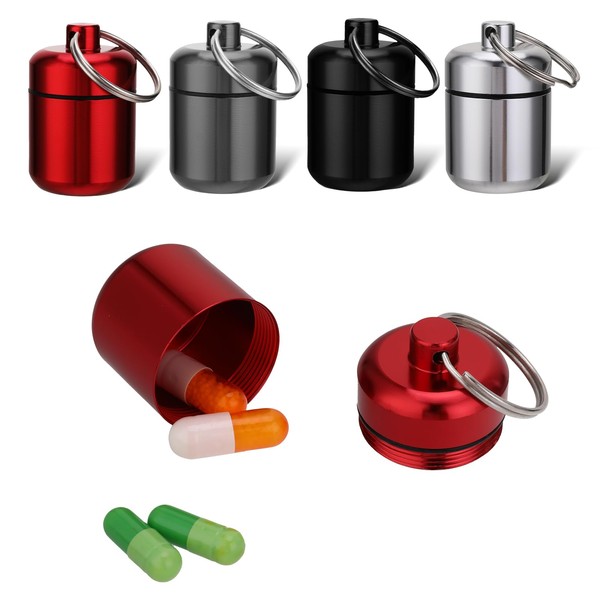 ASTER Pack of 4 Metal Pill Box Small Pill Box Key Ring Mini Capsule Pill Box Waterproof Tablet Box Portable Pill Box for Travel Camping Fishing Storage (4 Colours)