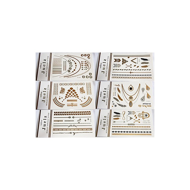 2 Packs of Assorted Gold Silver Metallic Temporary Tattoos Jewellery