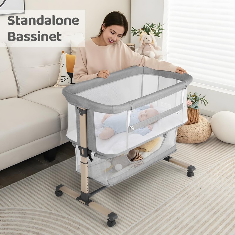 Cowiewie Bassinet Bedside Sleeper, Portable, Breathable, Adjustable Baby Bedside Bassinet