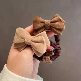4PCS Love Heart Bow Hair Ties Hair Scrunchies Soft Elastic Hair Bands Hair Rope Brown Plush Ponytail Holders Accessories for Women and Girls (Coffee,Khaki, Set of 4)