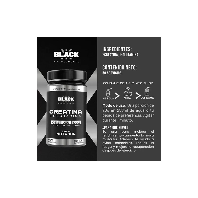 Black Creatina Glutamina 1 Kg 50 Servicios
