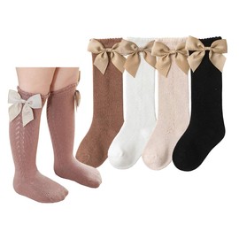 CHUNG - Calcetines de algodón para bebés y niñas, de 0 a 7 años, color sólido, con lazo fino, primavera y verano, 4 pares de lazos, color liso, 1-3 Años