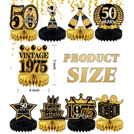 9 Pcs 50th Birthday Decoration for Men Women 50th Birthday Table Decorations Cheers to 50th Birthday Honeycomb Centerpieces 1975 Table Topper Black and Gold 50th Birthday Party Favors