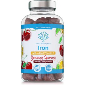 Iron Gummies with Added Vitamin C - 150 Natural Cherry Flavour Chewable Yummy Gummies - 5 Month Supply - efficient Absorption and gentler Digestion Formula