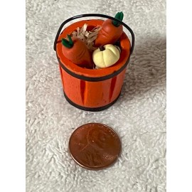 MW Miniature Orange Pail with Pumpkin and Carrots, Fall Harvest Bucket Fairy Garden