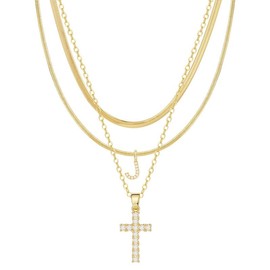 TASISO Layered Gold Necklaces for Women  Tiny Initial Necklaces 14K Gold Plated Stackable Necklaces with CZ Cross Design Safety Pin Necklace Chains:_J