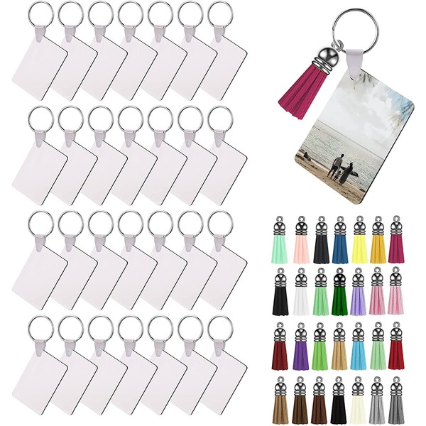 LUTER 56 Pieces Blank Sublimation Keyrings with Keyring and Colourful Tassels for DIY Crafts (Rectangular)