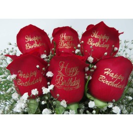 Write a Rose Beautiful Red Roses Bouquet with Happy Birthday in Gold Ink | Fresh Cut Flowers | 6 Red Roses Bouquet | Glass Vase Included | Next Day Delivery
