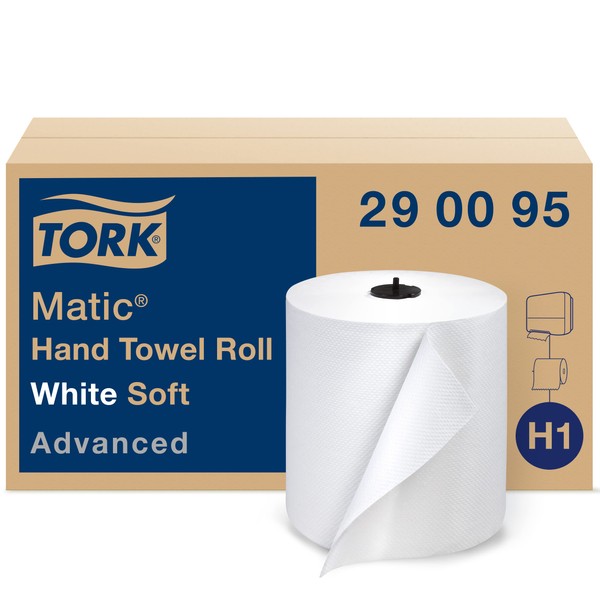 Tork Matic Soft Hand Towel Roll, White, Advanced, H1, Long-Lasting, High Absorbency, High Capacity, 1-Ply, 6 Rolls x 900 ft, 290095