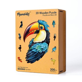 Figured'Art Wooden Puzzle for Adults and Children, 200 Pieces, Animals, Colourful Toucan, Original Design, 23.3 x 33.7 cm, Unique Shape with Premium Wooden Box