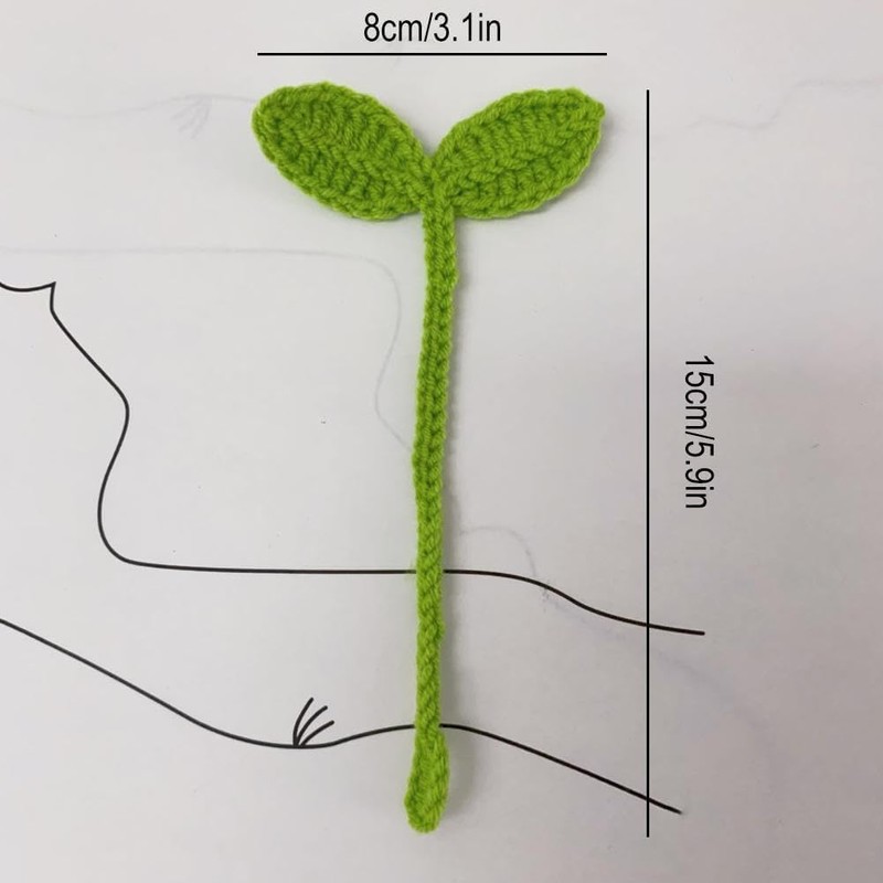 Green Cute Knitted Crochet Leaf Sprout, Handmade Crochet Plant Bookmark,