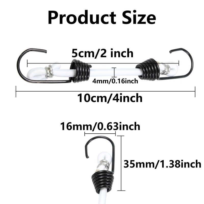 PDETVEO 10PCS 2 Inch Mini Bungee Cords with Hooks, White