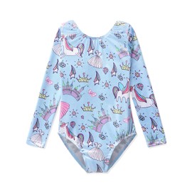 HOZIY Long Sleeve Leotards for Girls Gymnastics Castle Light Sky Blue Unicorn Dress Diamond Size 5-6 Years Old 5t Dance Sparkle Stars Crown