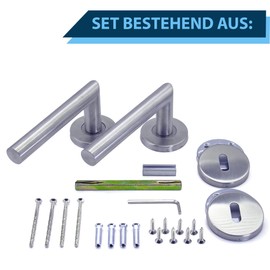 APECS Door Handles Door Handle Set Room Doors INOX Door Handle for Front Door and Interior Doors Door Fitting Round Rosette Set Stainless Steel Matt Handle Set WC | PZ | BB Model H-0204, Silver