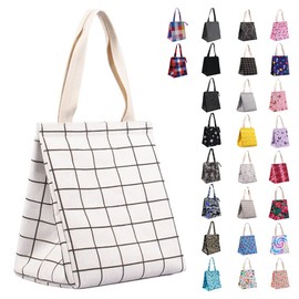 iknoe Insulated Lunch Bag for Women, 9L Sturdy Wide-Open Foldable & Portable Lunch Tote with Interior Pockets, Water-resistant Thermal Lunch Cooler for Adults Picnic Beach (White Plaid)