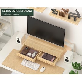 WELL WENG Bamboo Monitor Stand with Drawer - Desk Organizer with Cable Management & Storage, Ergonomic Laptop Riser for Home Office (220lbs Capacity, 24 inch ,Natural)