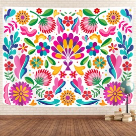 GOAOK Mexican Tapestry, Colorful Mexico Floral Traditional Aesthetic Hippie Tapestries, Mexican Ornate Ethnic Pastel Flowers Plant Tapestry Wall Hanging for Bedroom Living Room 80"x60" White