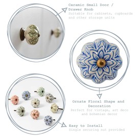 Nicola Spring 6 Pack Light Blue Ceramic Round Drawer Knobs with Fixings - Vintage Flower Kitchen Cupboard Handle Pulls Ceramic Door Cupboard Knob for Cabinets, Kitchen Drawers, Wardrobes, Dressers