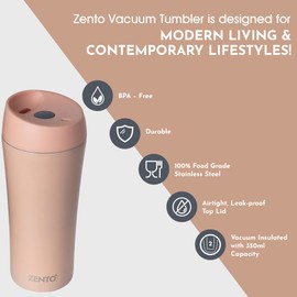 Zento Stainless Steel Vacuum Tumbler–350ml for Coffee, Tea or Water, BPA-Free, Thermo-Shield Technology, Cold for 24 Hours & Hot for 12 Hours, Reusable Drinking Tumbler, Multi-Purpose Use (Peach)