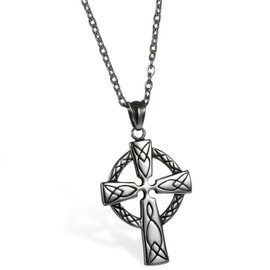 JewelryWe Large Celtic Cross Irish Knot Pendant Stainless Steel Necklace with 21.65 Inch Chain Length for Men